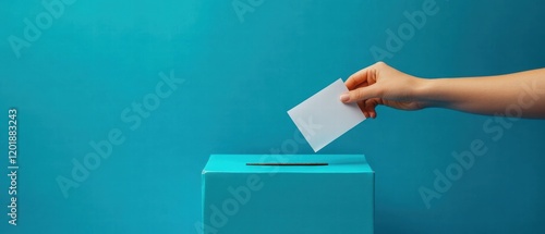 a hand putting a ballot paper into a ballot box on a blue background with copy space photo