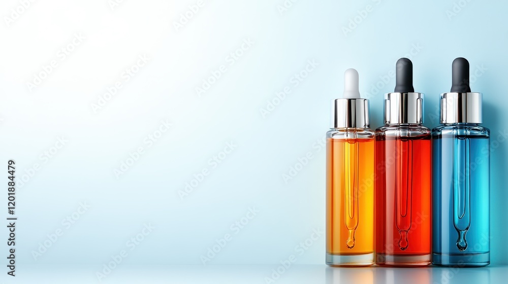 Three colored dropper vials, including fiery red and deep blue, align neatly on a smooth blue surface, embodying modern elegance and vibrant simplicity. Three colored dropper vials, including fiery red and deep blue, align neatly on a smooth blue surface, embodying modern elegance and vibrant simplicity.