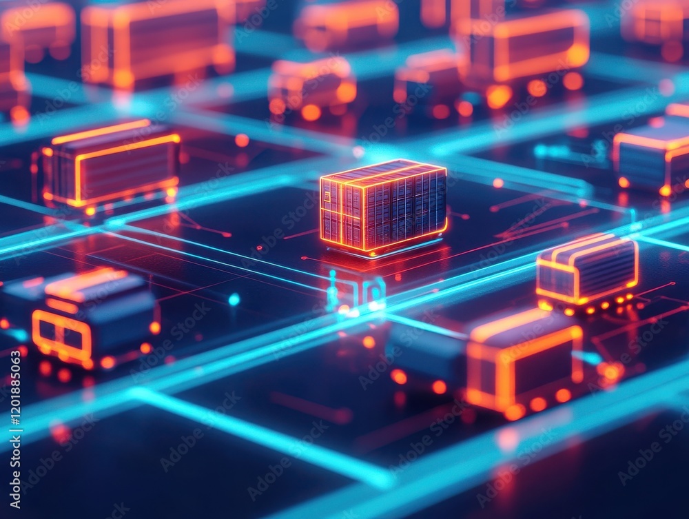 A futuristic digital representation of logistics and transport, showcasing interconnected vehicles and a vibrant neon network. A futuristic digital representation of logistics and transport, showcasing interconnected vehicles and a vibrant neon network.