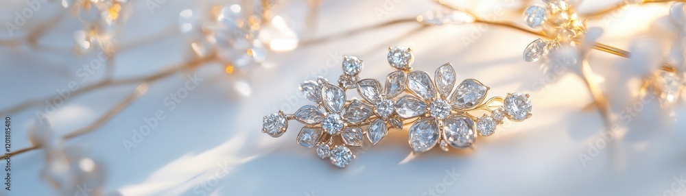 Elegant jewelry piece with sparkling crystals on a soft, lit background. Elegant jewelry piece with sparkling crystals on a soft, lit background.
