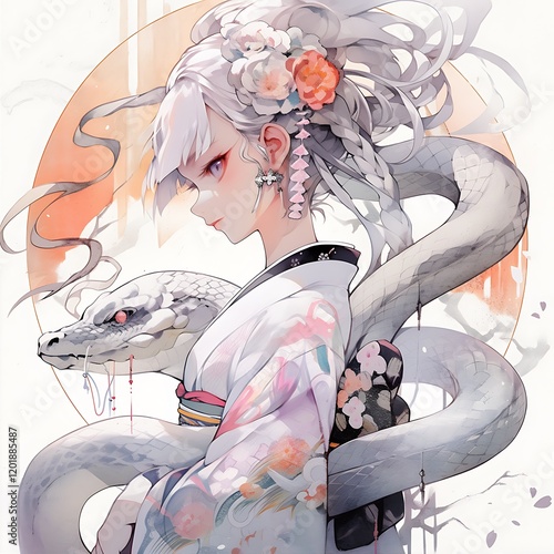 Woman With White Hair and Floral Adornment Accompanied By A Large White Serpent In Profile