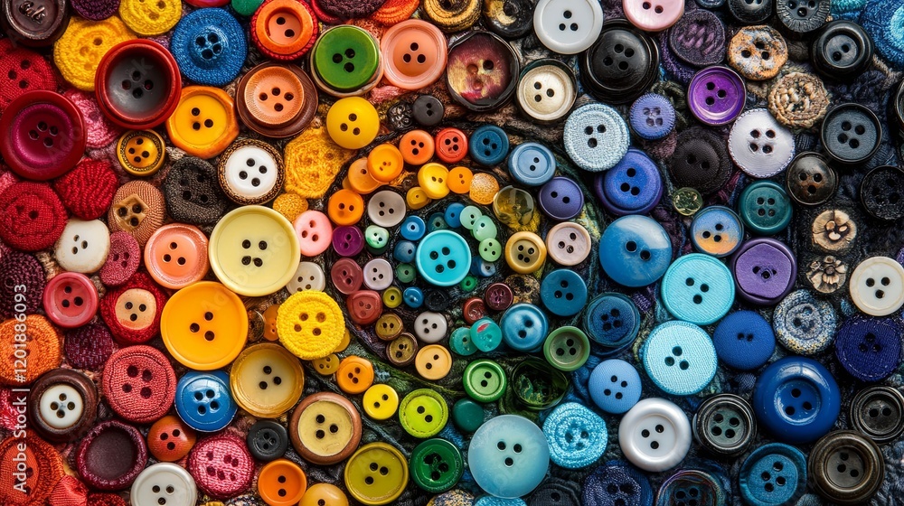 A colorful collection of buttons arranged in a spiral pattern on fabric A colorful collection of buttons arranged in a spiral pattern on fabric