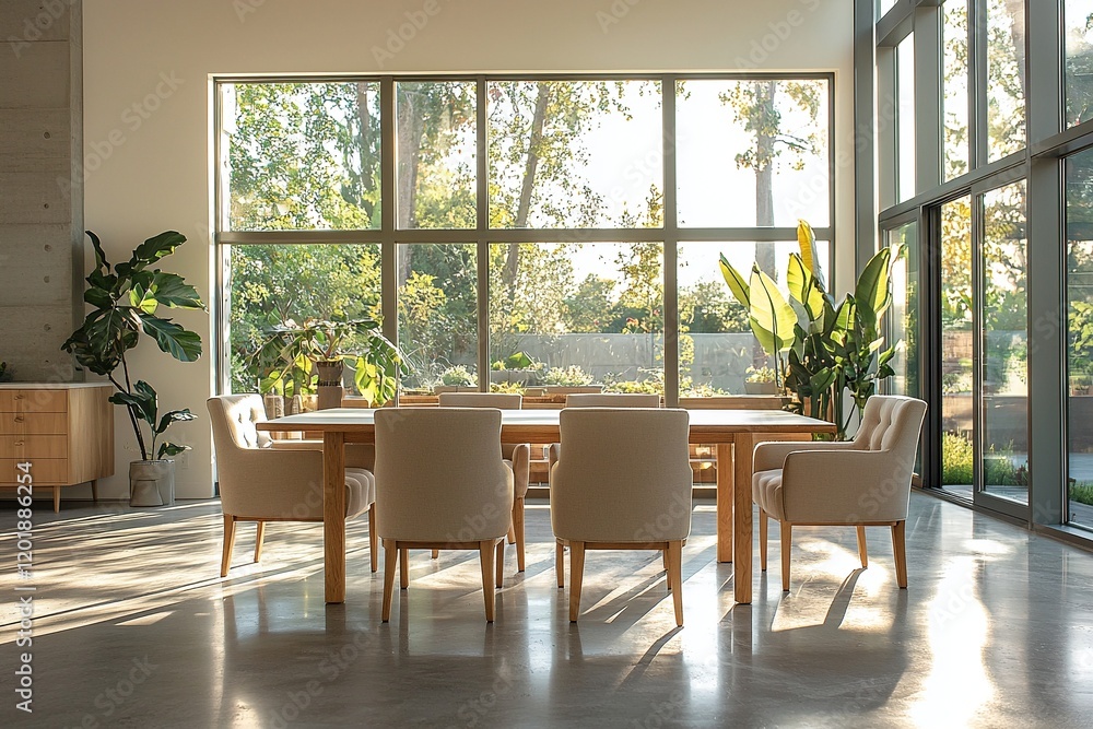 Fototapeta premium Minimalist, Mid century Modern Interior Design in a Housing Dining Room with a Table and Chair. Generative AI 