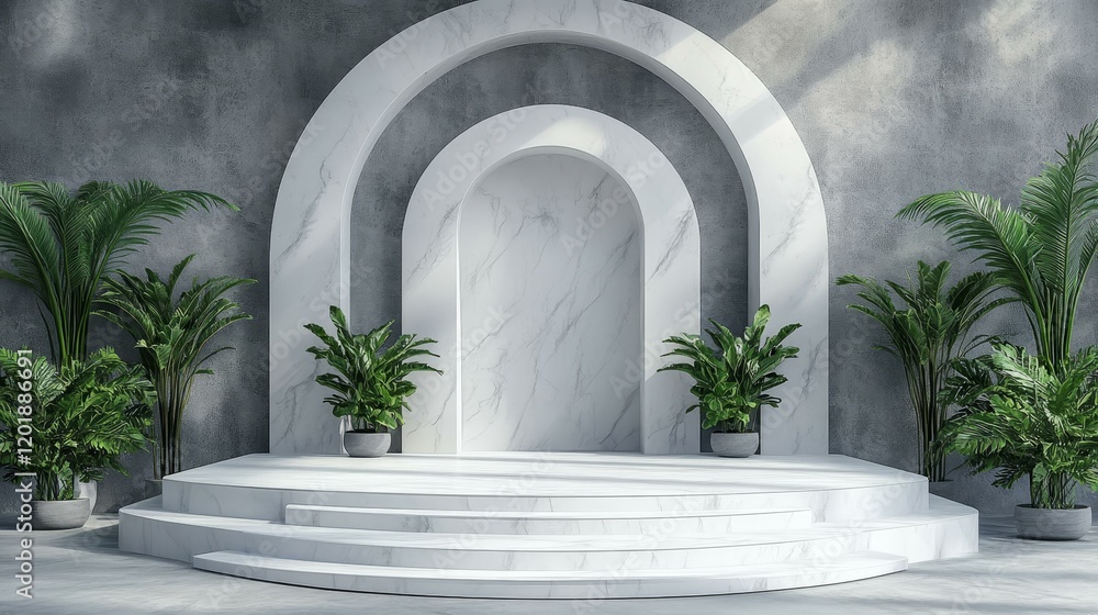 Fototapeta premium Modern Minimalist Marble Podium with Tropical Plants