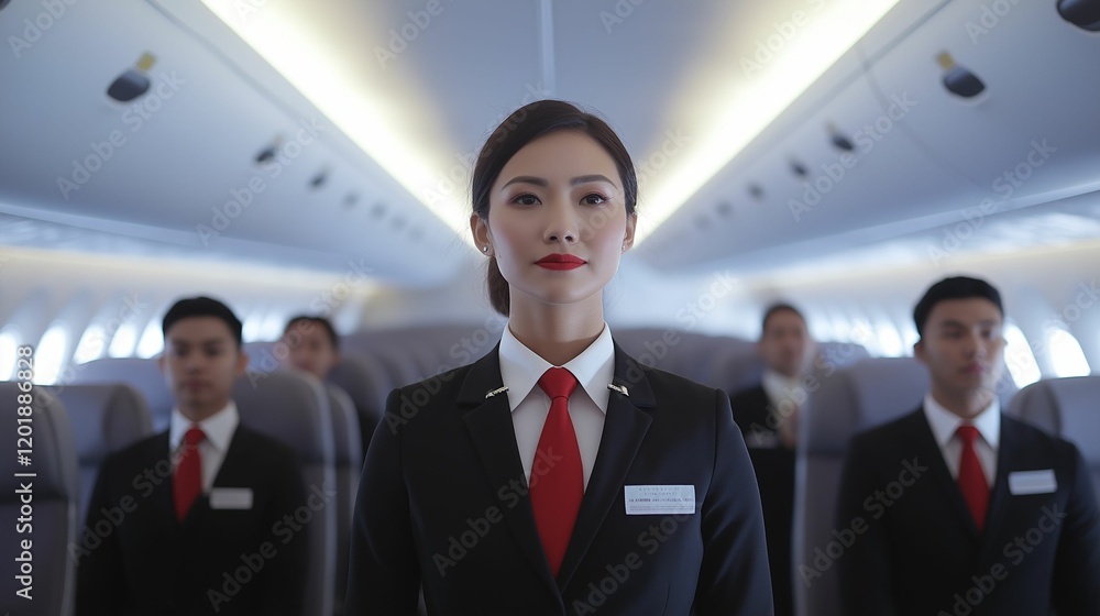 Cabin crew standing at attention during the safety demonstration, clean sharp visuals of uniforms and professional demeanor inside the cabin Cabin crew standing at attention during the safety demonstration, clean sharp visuals of uniforms and professional demeanor inside the cabin