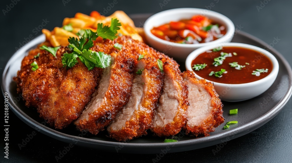 Golden brown breaded chicken slices garnished with greens, accompanied by two dipping sauces, beautifully presented on a black plate for a savory experience. Golden brown breaded chicken slices garnished with greens, accompanied by two dipping sauces, beautifully presented on a black plate for a savory experience.