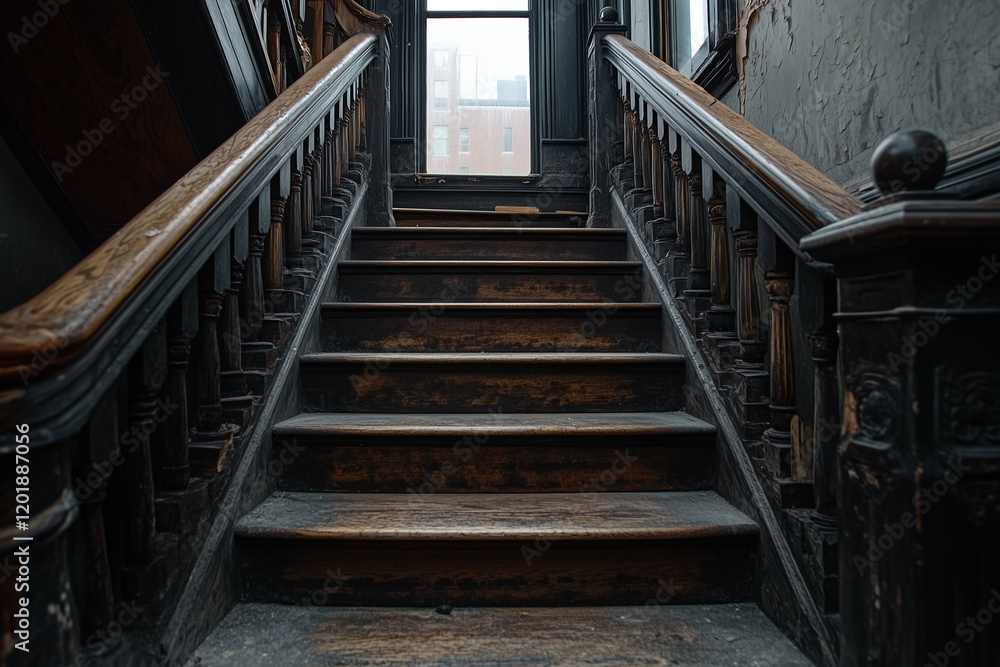 old staircase with peeling paint in a decay house old staircase with peeling paint in a decay house