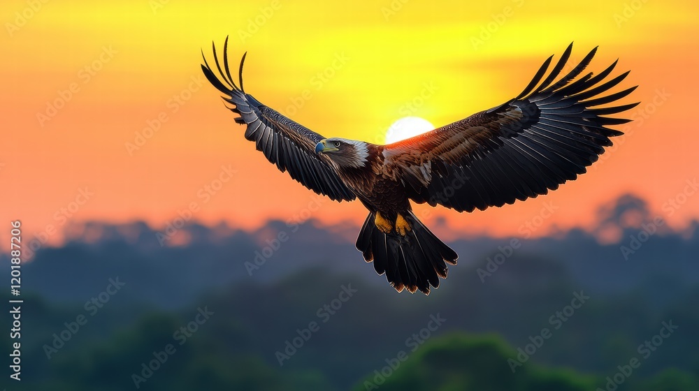 Fototapeta premium Eagle with wings fully spread, soaring in a cloudy sky bathed in sunrise glow, powerful and free