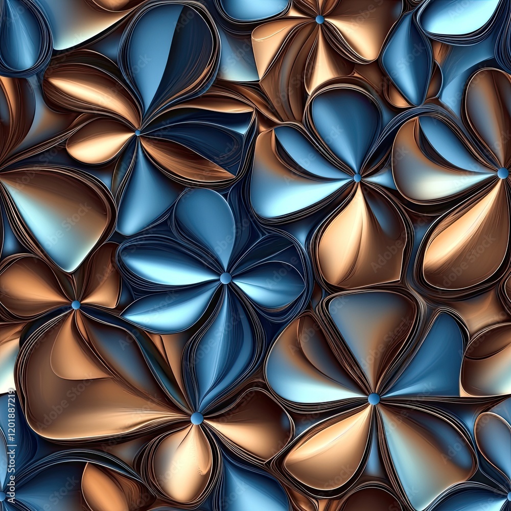 Abstract 3D flowers with interlocking petal shapes in metallic copper and blue . Seamless abstract 3d pattern background Abstract 3D flowers with interlocking petal shapes in metallic copper and blue . Seamless abstract 3d pattern background
