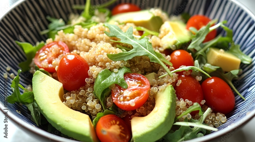 A colorful quinoa salad with avocado, cherry tomatoes, and arugula, served in a minimalist bowl A colorful quinoa salad with avocado, cherry tomatoes, and arugula, served in a minimalist bowl