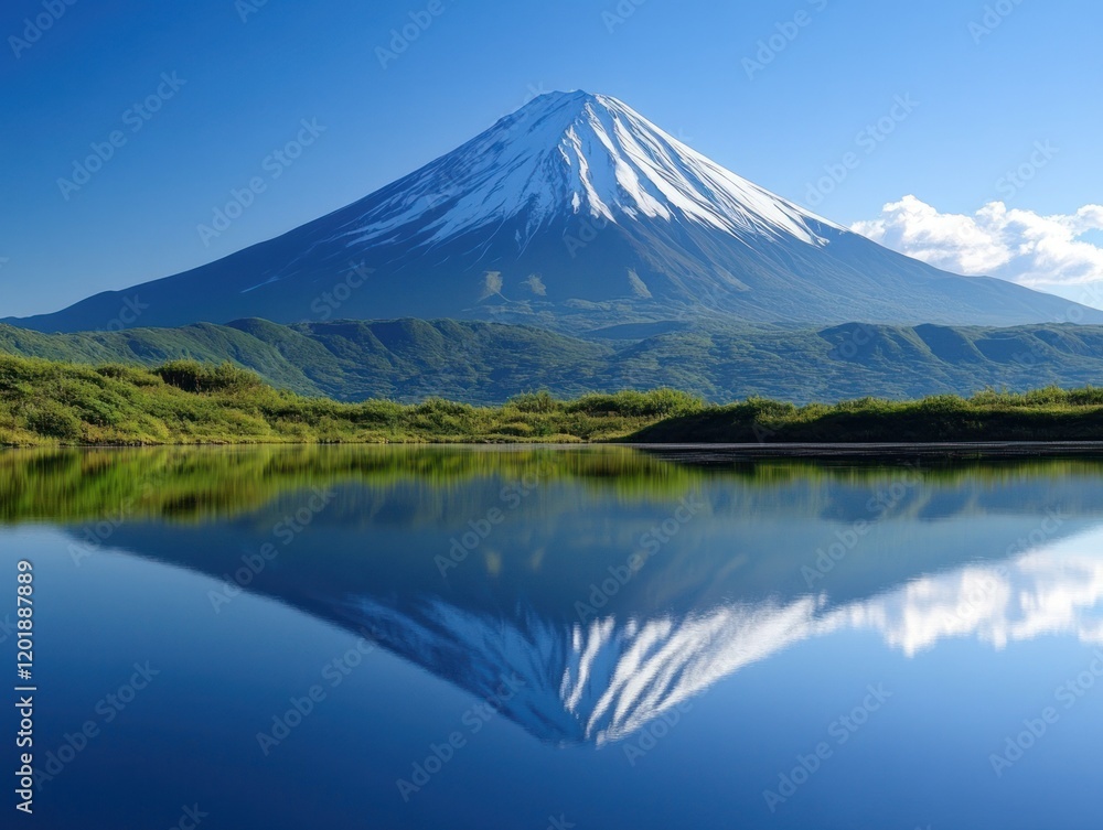 Majestic Mount reflected in calm waters with a clear blue sky backdrop creating a stunning landscape Majestic Mount reflected in calm waters with a clear blue sky backdrop creating a stunning landscape