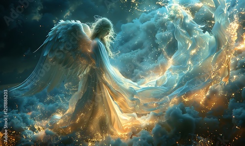 Angelic Figure Amidst Celestial Clouds Flowing Fabric and Radiant Light in Night Sky photo