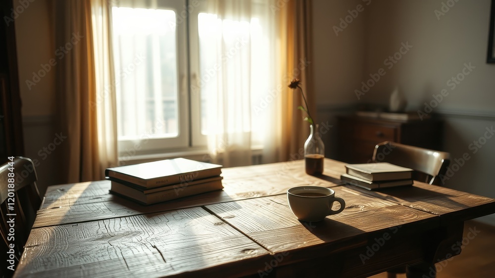 Fototapeta premium A warm cup of coffee rests on a rustic wooden table in a sunlit room, with a stack of books and a dried flower in a vase beside it.