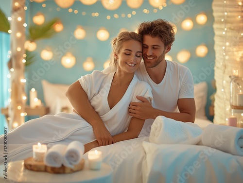 Couple enjoying a romantic spa day with side-by-side massages, intimate and relaxing
