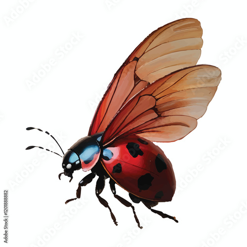 A vintage oil painting of a ladybug in mid-flight, with its soft, desaturated red wings partially open, revealing muted black underwings.eps