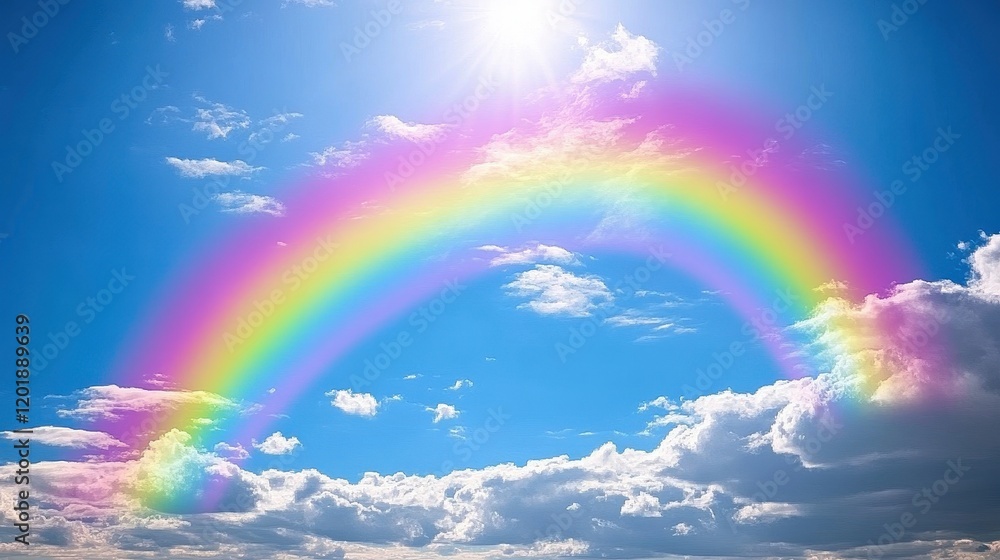 Rainbow arching over a field with clouds, symbol of hope and beauty, vibrant rainbow Rainbow arching over a field with clouds, symbol of hope and beauty, vibrant rainbow