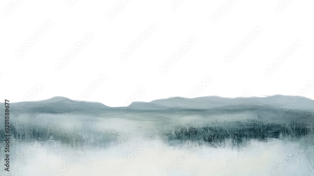 Fototapeta premium A serene landscape painting showcasing gentle hills shrouded in mist, evoking a sense of tranquility and natural beauty in soft hues.