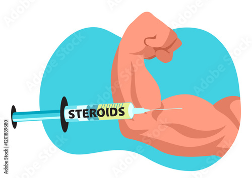 Cartoon illustration of a flexed bicep being injected with steroids. Muscle enhancement, performance boosting, fitness topics, bodybuilding discussions, health risks, and sports related content