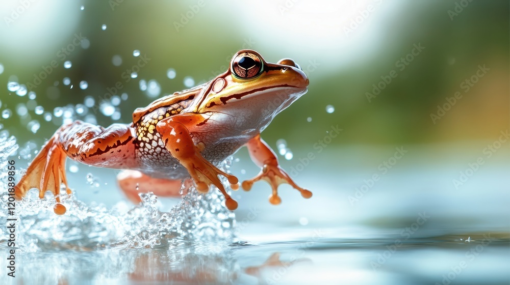 An impressive shot of a majestic frog captured in mid-leap over a splashing body of water, illustrating agility and grace within a vivid natural scene. An impressive shot of a majestic frog captured in mid-leap over a splashing body of water, illustrating agility and grace within a vivid natural scene.