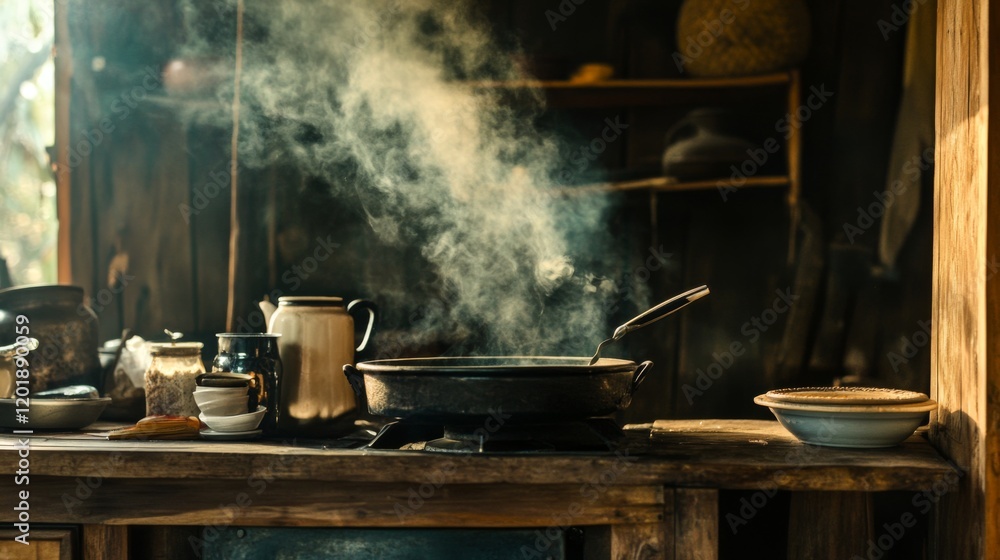 Smoke curling upwards from a traditional Thai kitchen stove, with the rustic surroundings of a countryside home in the background. Smoke curling upwards from a traditional Thai kitchen stove, with the rustic surroundings of a countryside home in the background.