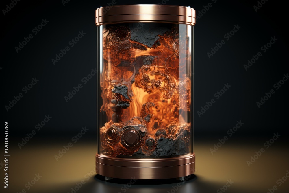 Copper and glass cylinder containing a swirling orange and black substance, illuminated against a dark background Copper and glass cylinder containing a swirling orange and black substance, illuminated against a dark background