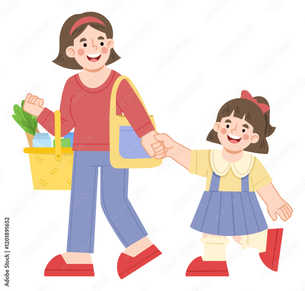 Illustration of mother and daughter shopping for groceries
