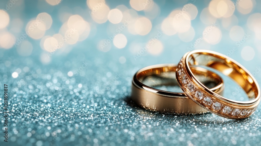 A beautiful set of gold rings resting on a striking blue glittered background, intricately designed with diamonds, evoking emotions of celebration, love, and union. A beautiful set of gold rings resting on a striking blue glittered background, intricately designed with diamonds, evoking emotions of celebration, love, and union.