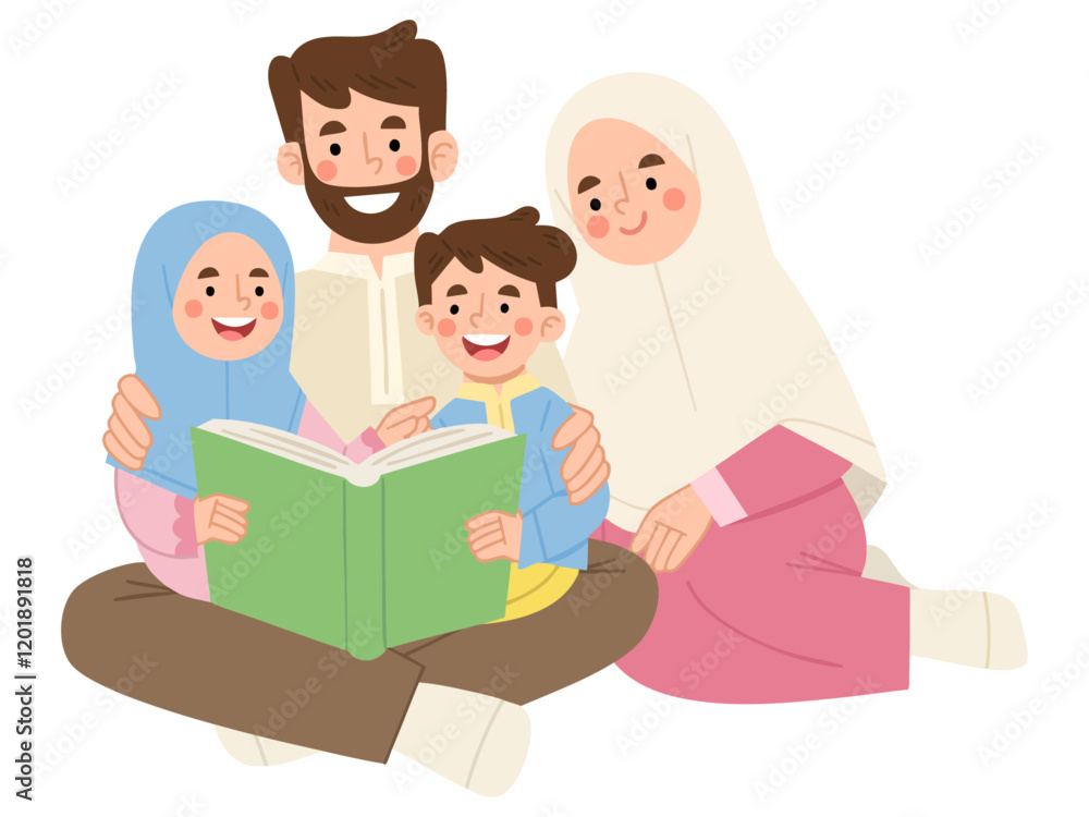 Illustration of a Muslim family reading a book together Illustration of a Muslim family reading a book together