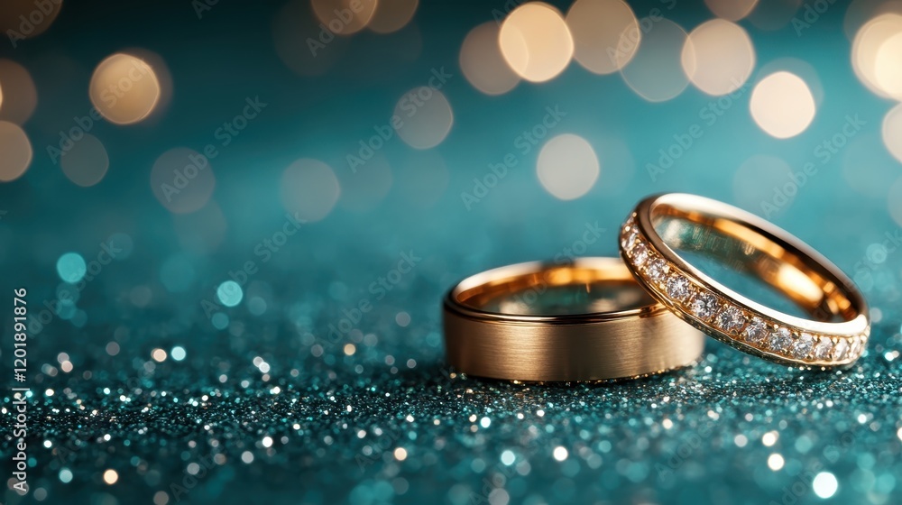 A pair of elegant rings, one with diamonds and another plain, on a shimmering, abstract background symbolizing love, commitment, and timeless elegance. A pair of elegant rings, one with diamonds and another plain, on a shimmering, abstract background symbolizing love, commitment, and timeless elegance.