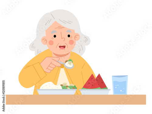 Illustration of elderly woman enjoying a meal