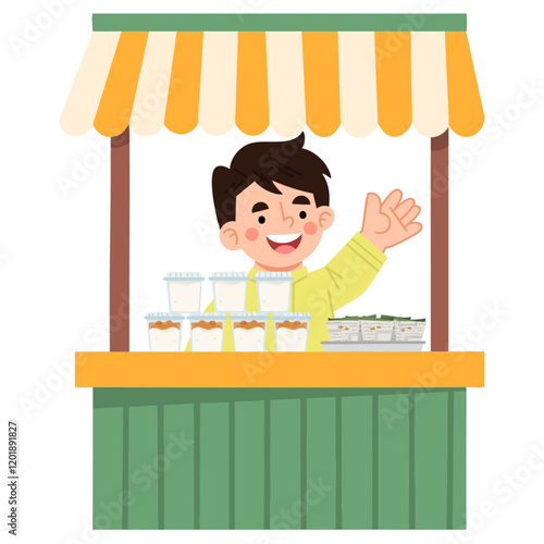 Illustration of a cheerful seller at a street stall
