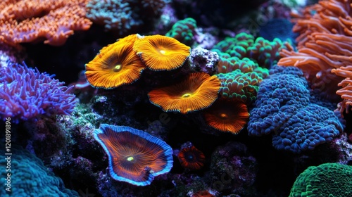 Underwater coral reef with vibrant orange, blue, and green colors showing a beautiful seascape photo