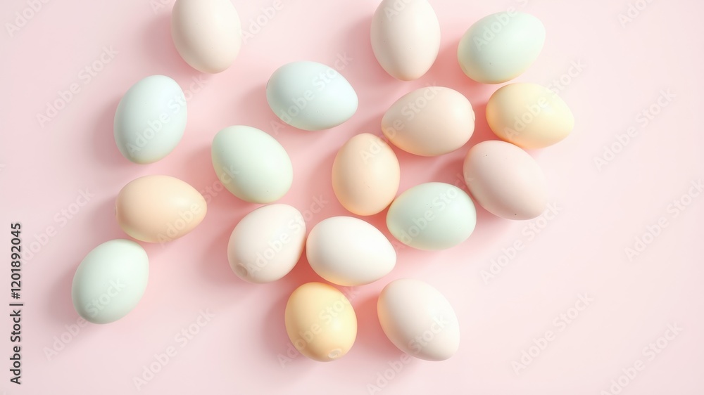 Pastel-colored eggs arranged in a random pattern on a soft pink background Pastel-colored eggs arranged in a random pattern on a soft pink background