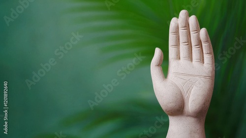 Nirvana Day Themed, sculpted Buddha hand in Abhaya mudra symbolizes peace and protection photo