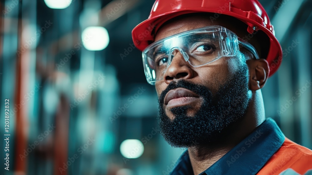 A focused engineer wearing a red hard hat and goggles, stands in an industrial setting, highlighting safety and determination in the workplace. A focused engineer wearing a red hard hat and goggles, stands in an industrial setting, highlighting safety and determination in the workplace.