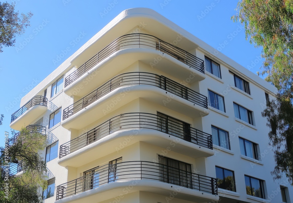Modern architectural design featuring a stylish apartment building with elegant balconies and large windows under a bright blue sky. Modern architectural design featuring a stylish apartment building with elegant balconies and large windows under a bright blue sky.