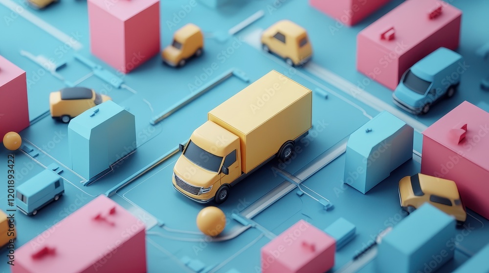 Fototapeta premium Same-day delivery network flat design top view metropolitan theme 3D render split-complementary color scheme 