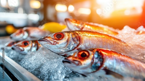 Close-up of shiny, fresh fish resting on a bed of ice at a market stall, illuminated by sunlight, showcasing freshness and quality of seafood selection for sale. photo