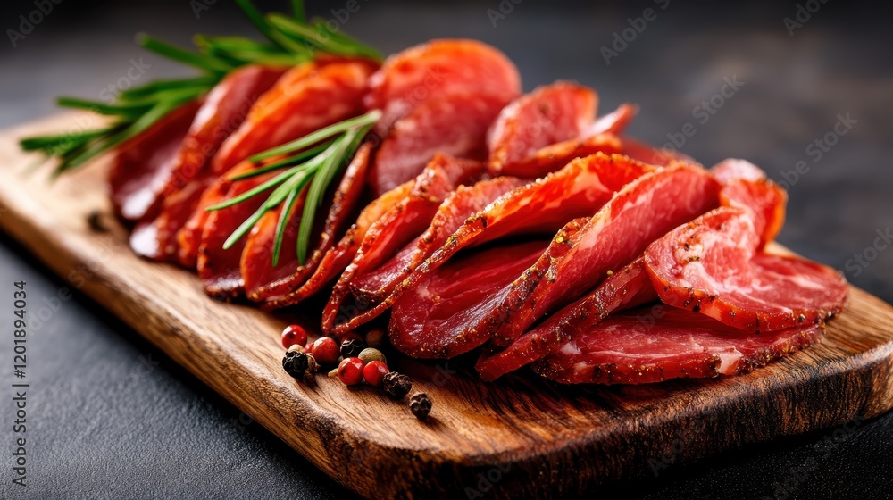 A delicious assortment of sliced cured meats, beautifully arranged on a wooden board, garnished with fresh rosemary and peppercorns, showcasing savory flavors. A delicious assortment of sliced cured meats, beautifully arranged on a wooden board, garnished with fresh rosemary and peppercorns, showcasing savory flavors.