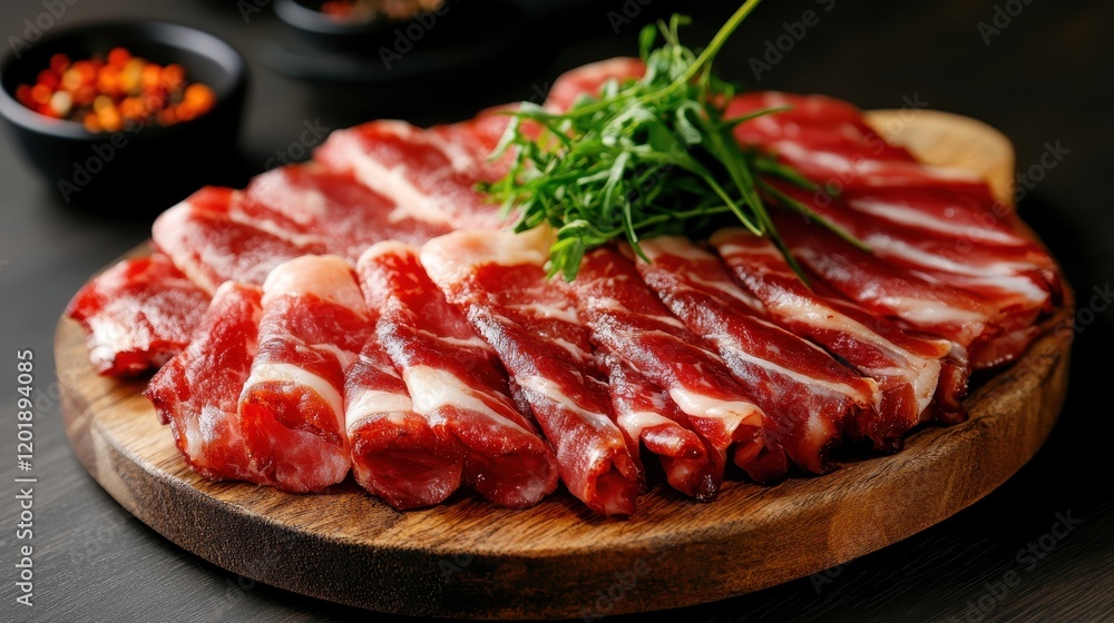 Juicy raw marbled meat slices arranged neatly on a wooden board, adorned with fresh green herbs. The rich texture suggests high quality and freshness. Juicy raw marbled meat slices arranged neatly on a wooden board, adorned with fresh green herbs. The rich texture suggests high quality and freshness.