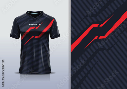 T-shirt mockup abstract stripe line jersey design for football, soccer, racing, esports, running, in red black color