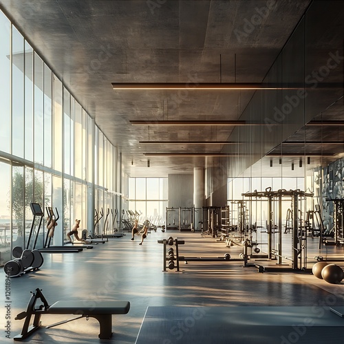 Interior View Of Empty Gym With Fitness Machines And Large Windows On The Side