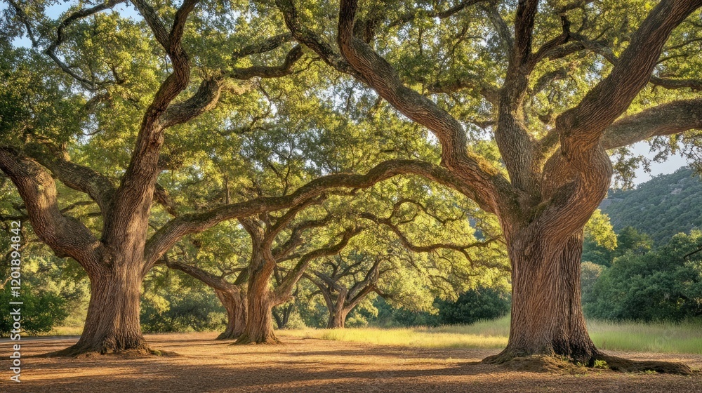 Majestic oak trees with lush green leaves in a peaceful, sunny setting landscape Majestic oak trees with lush green leaves in a peaceful, sunny setting landscape