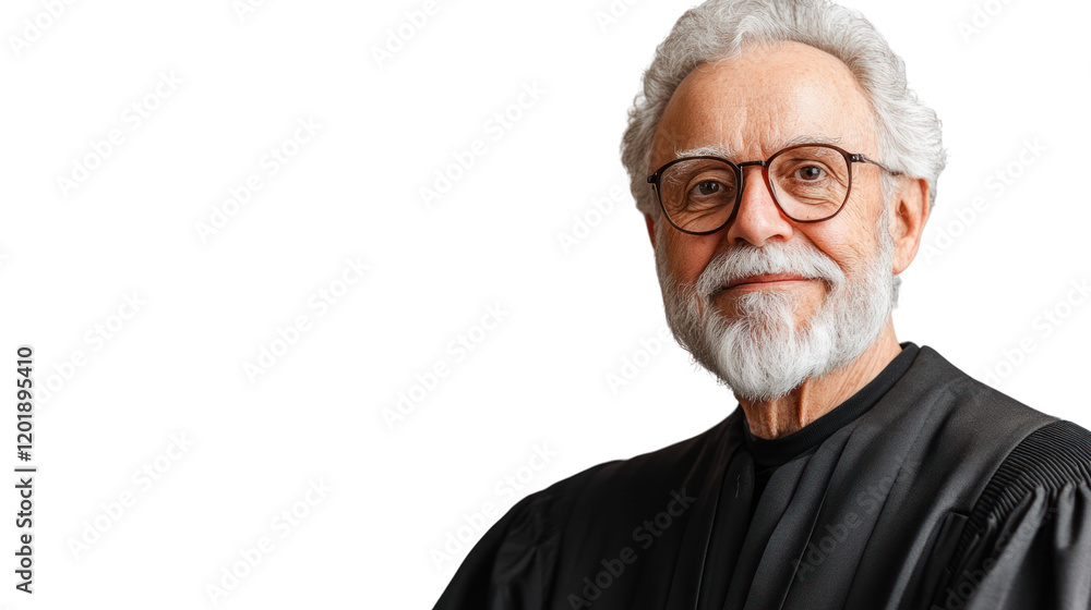 Obraz premium A distinguished senior judge smiles confidently, wearing formal judicial attire, showcasing wisdom and experience in a professional setting.