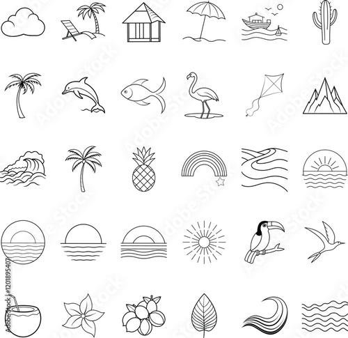 Tropical Vacation Icons Beach, Sun, Sea, Relaxation, Paradise