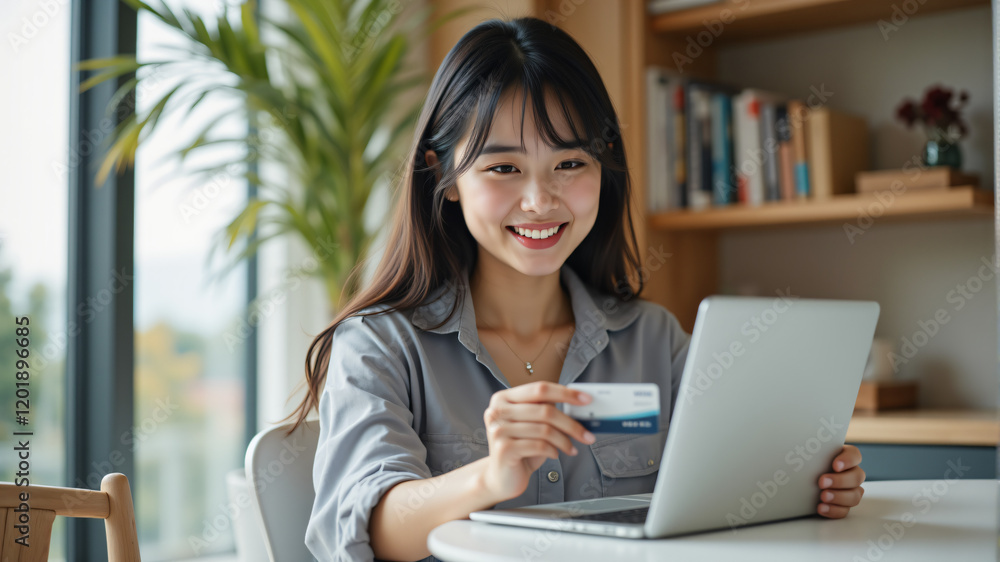 A smiling woman shopping online with a credit card while using her laptop. A smiling woman shopping online with a credit card while using her laptop.