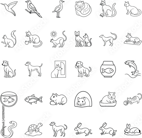 Cute Pets Line Art Cats, Dogs, Birds, Fish, and More