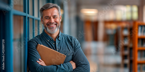 Close up portrait of a mature male teacher smiling in a classroom expressing confidence and wisdom