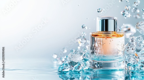 A striking dual-colored perfume bottle sits gracefully amidst splashing crystals on a gently reflective surface, creating a sense of luxury and freshness. photo