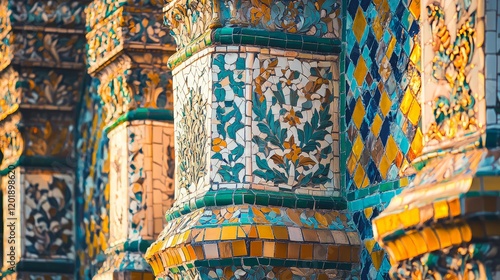 Wallpaper Mural Colorful mosaic temple pillars, intricate floral patterns, sunny day, architectural detail, travel background. Torontodigital.ca